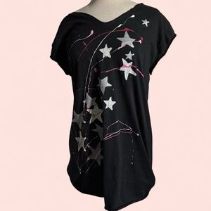 Y2K Vintage Stars Splatter Paint Pink and Black Tunic V Neck T-Shirt Dress